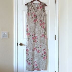 Jodi Michaels Y2K Vintage Floral Sleeveless V-neck Midi Shift Dress Beige 14